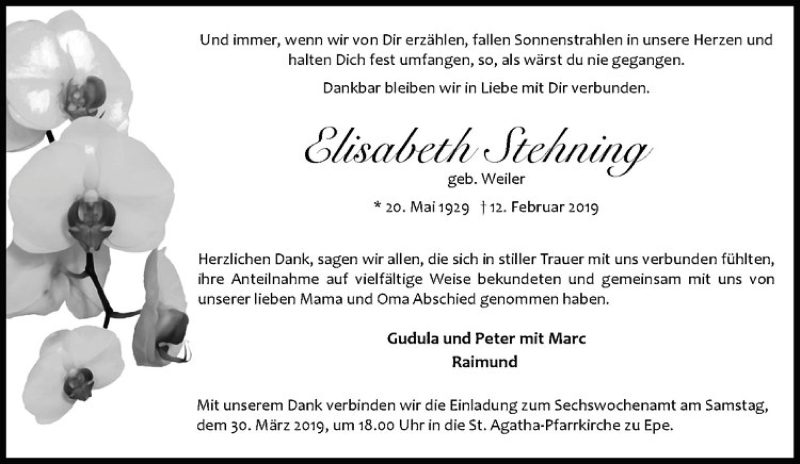  Traueranzeige für Elisabeth Stehning vom 23.03.2019 aus Westfälische Nachrichten