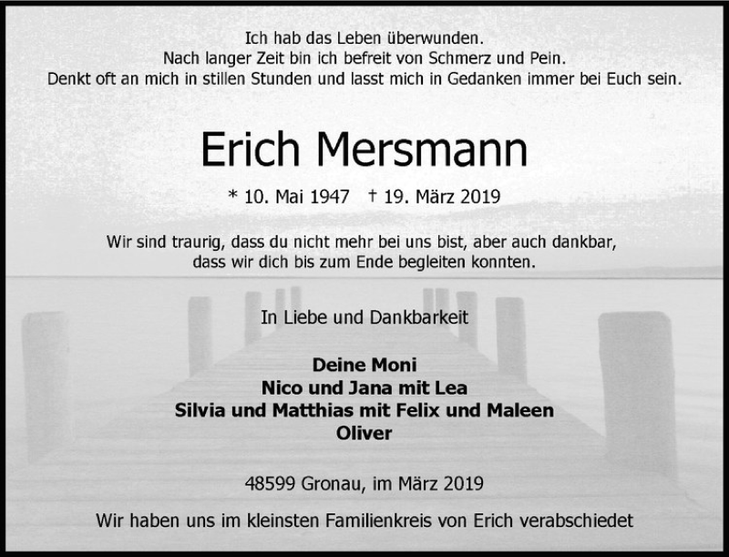  Traueranzeige für Erich Mersmann vom 25.03.2019 aus Westfälische Nachrichten