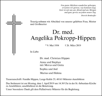 Anzeige von Angelika Pokropp-Hippen von Westfälische Nachrichten