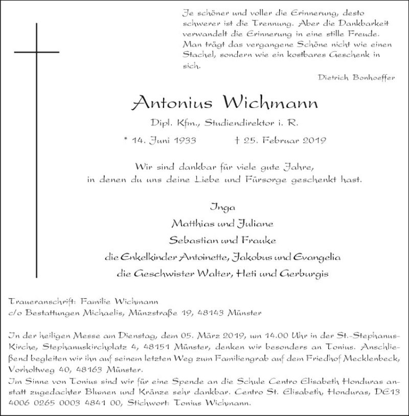  Traueranzeige für Antonius Wichmann vom 02.03.2019 aus Westfälische Nachrichten