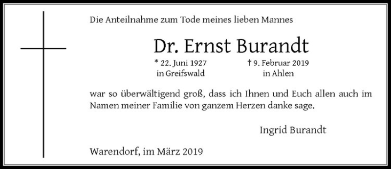  Traueranzeige für Ernst Burandt vom 23.03.2019 aus Westfälische Nachrichten