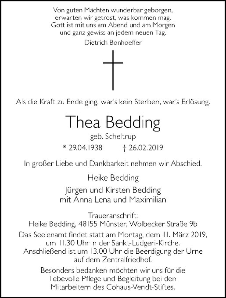  Traueranzeige für Thea Bedding vom 05.03.2019 aus Westfälische Nachrichten