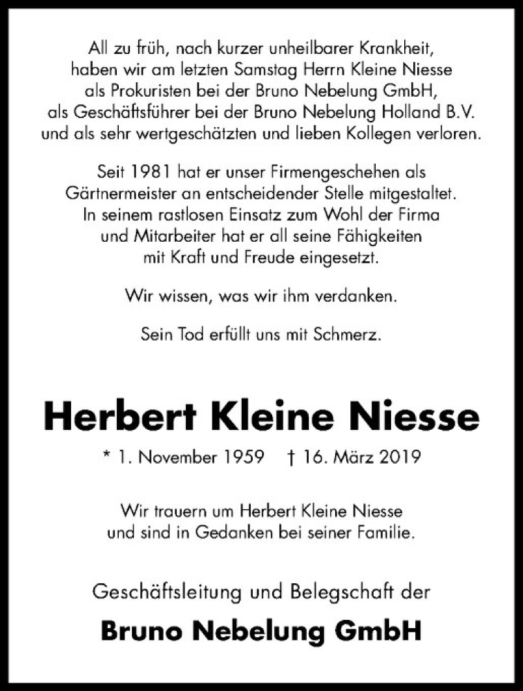 Traueranzeige für Herbert Kleine Niesse vom 23.03.2019 aus Westfälische Nachrichten