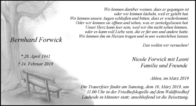  Traueranzeige für Bermhard Forwick vom 09.03.2019 aus Westfälische Nachrichten