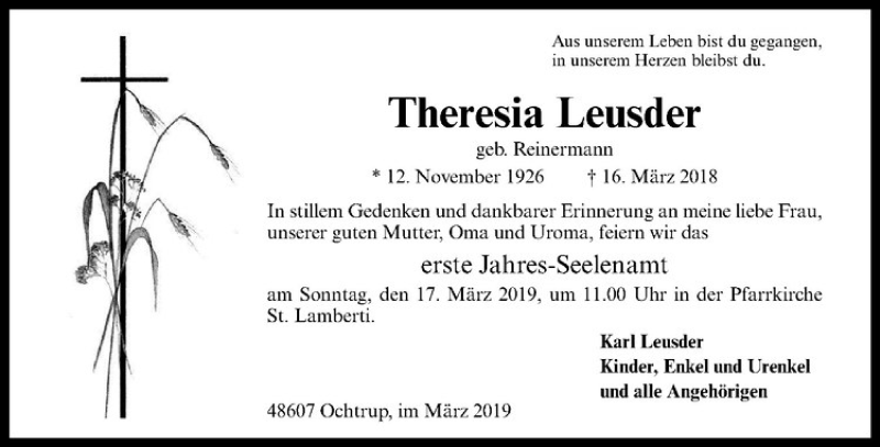  Traueranzeige für Theresia Leusder vom 14.03.2019 aus Westfälische Nachrichten