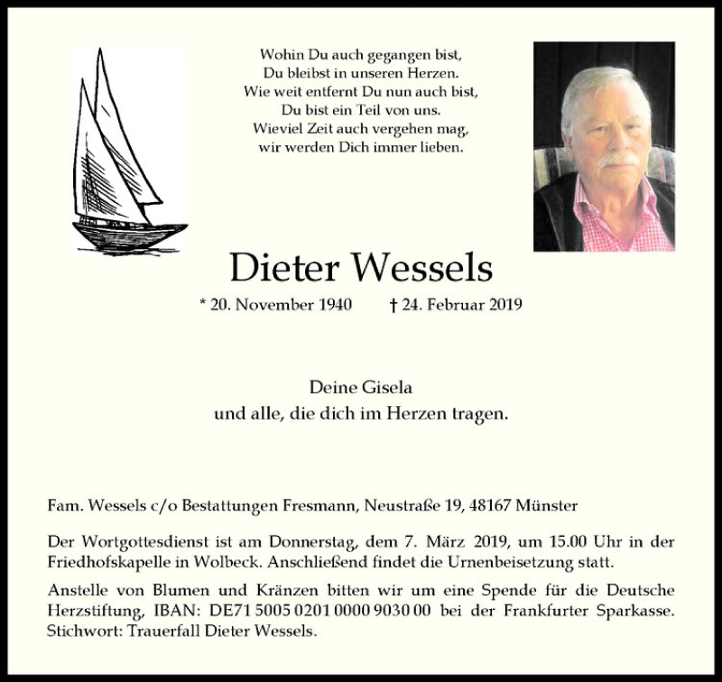  Traueranzeige für Dieter Wessels vom 02.03.2019 aus Westfälische Nachrichten