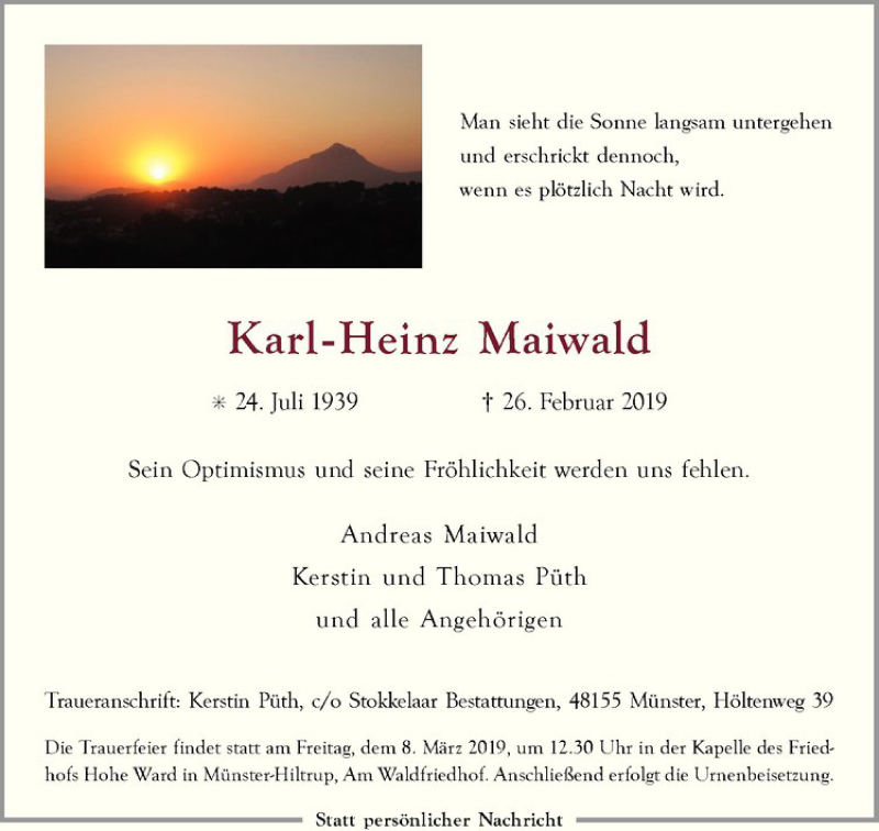  Traueranzeige für Karl-Heinz Maiwald vom 02.03.2019 aus Westfälische Nachrichten