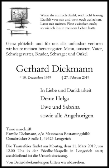 Anzeige von Gerhard Diekmann von Westfälische Nachrichten