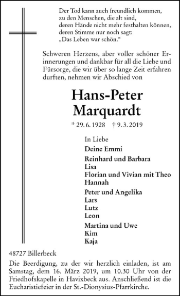 Anzeige von Hans-Peter Marquardt von Westfälische Nachrichten