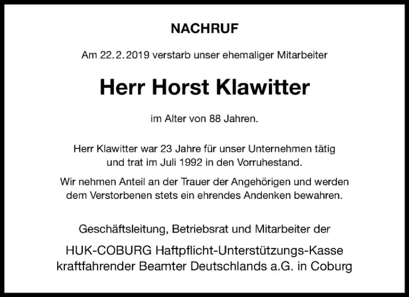  Traueranzeige für Horst Klawitter vom 05.03.2019 aus Westfälische Nachrichten