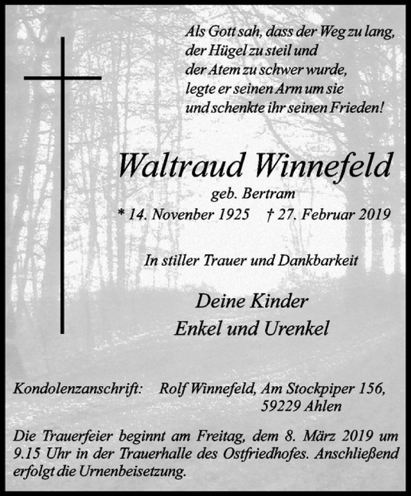  Traueranzeige für Waltraud Winnefeld vom 05.03.2019 aus Westfälische Nachrichten