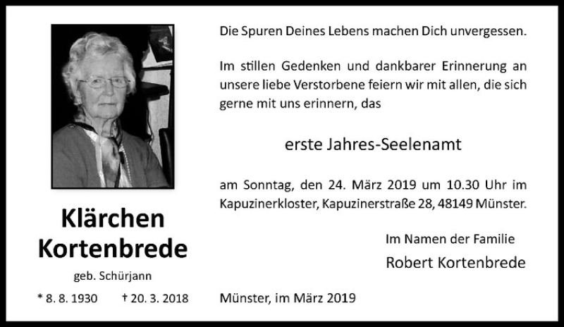  Traueranzeige für Klärchen Kortenbrede vom 16.03.2019 aus Westfälische Nachrichten