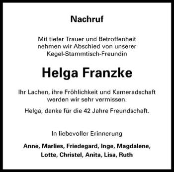 Anzeige von Helga Franzke von Westfälische Nachrichten