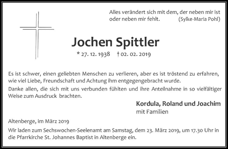  Traueranzeige für Jochen Spittler vom 16.03.2019 aus Westfälische Nachrichten
