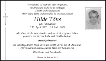 Anzeige von Hilde Töns von Westfälische Nachrichten