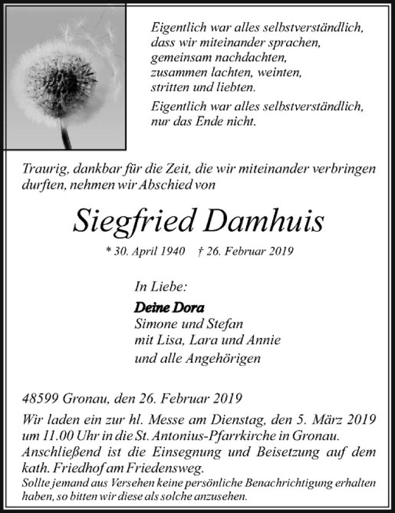  Traueranzeige für Siegfried Damhuis vom 02.03.2019 aus Westfälische Nachrichten