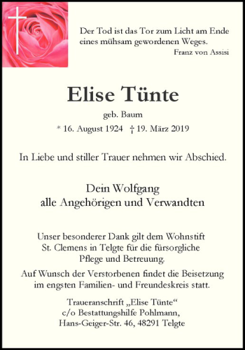 Anzeige von Elise Tünte von Westfälische Nachrichten