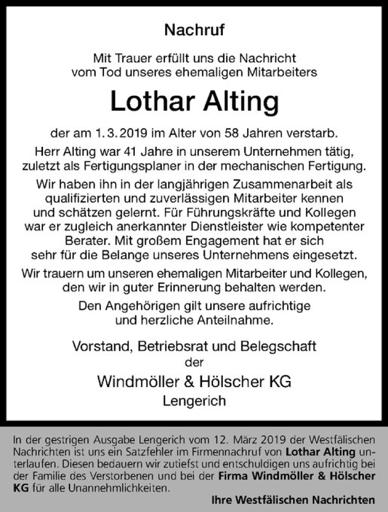  Traueranzeige für Lothar Alting vom 13.03.2019 aus Westfälische Nachrichten