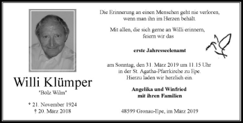 Anzeige von Willi Klümper von Westfälische Nachrichten