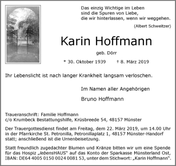 Anzeige von Karin Hoffmann von Westfälische Nachrichten