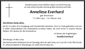 Anzeige von Anneliese Everhard von Westfälische Nachrichten