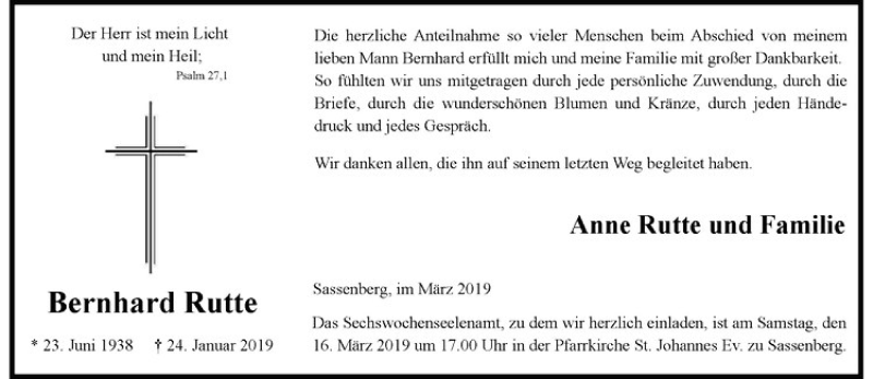  Traueranzeige für Bernhard Rutte vom 09.03.2019 aus Westfälische Nachrichten