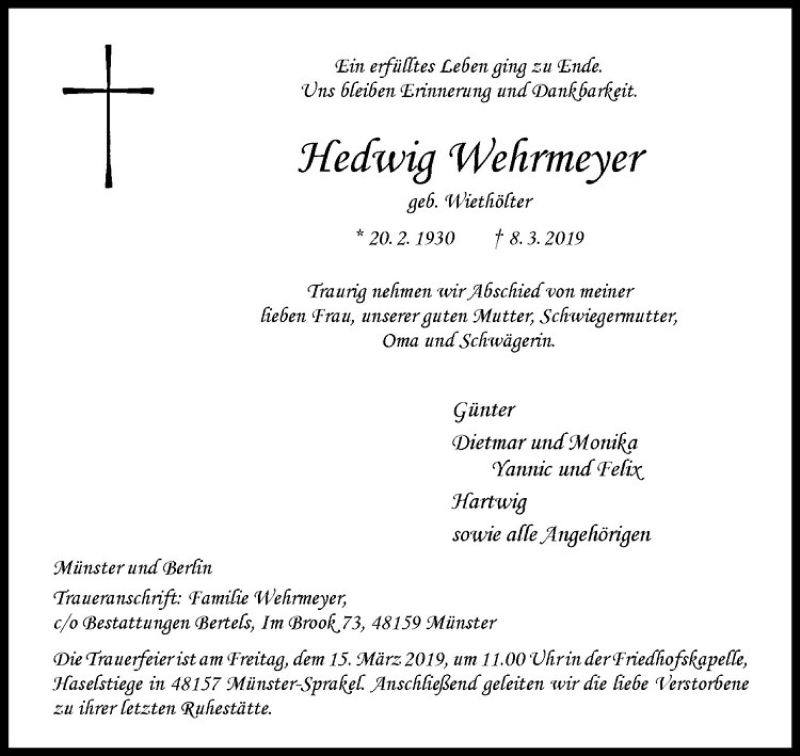  Traueranzeige für Günter Wehrmeyer vom 13.03.2019 aus Westfälische Nachrichten