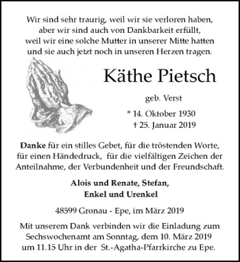 Anzeige von Käthe Pietsch von Westfälische Nachrichten