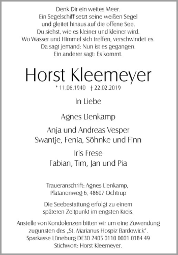 Anzeige von Horst Kleemeyer von Westfälische Nachrichten