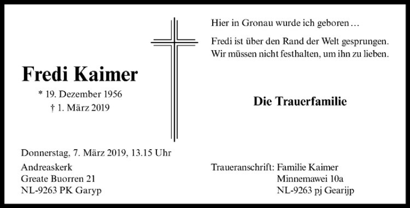  Traueranzeige für Fredi Kaimer vom 06.03.2019 aus Westfälische Nachrichten