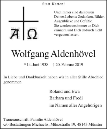 Anzeige von Wolfgang Aldenhövel von Westfälische Nachrichten