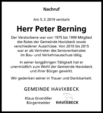 Anzeige von Peter Berning von Westfälische Nachrichten