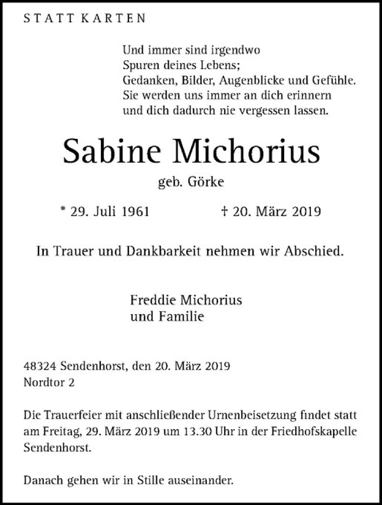  Traueranzeige für Sabine Michorius vom 26.03.2019 aus Westfälische Nachrichten