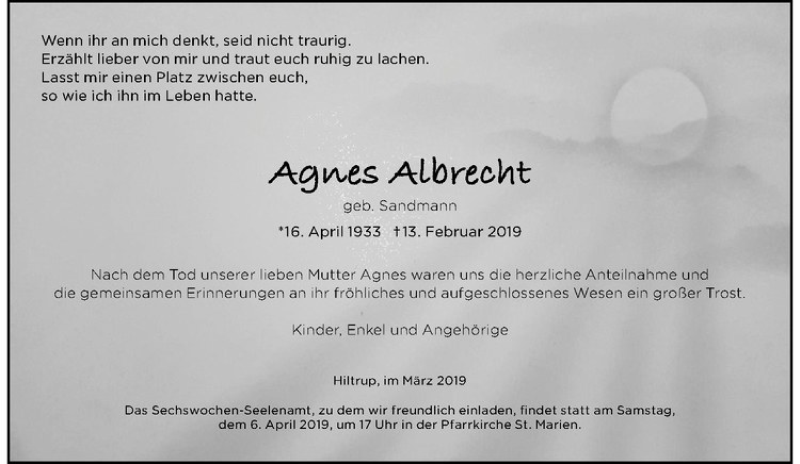  Traueranzeige für Agnes Albrecht vom 30.03.2019 aus Westfälische Nachrichten