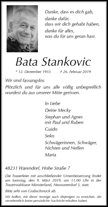 Anzeige von Bata Stankovic von Westfälische Nachrichten