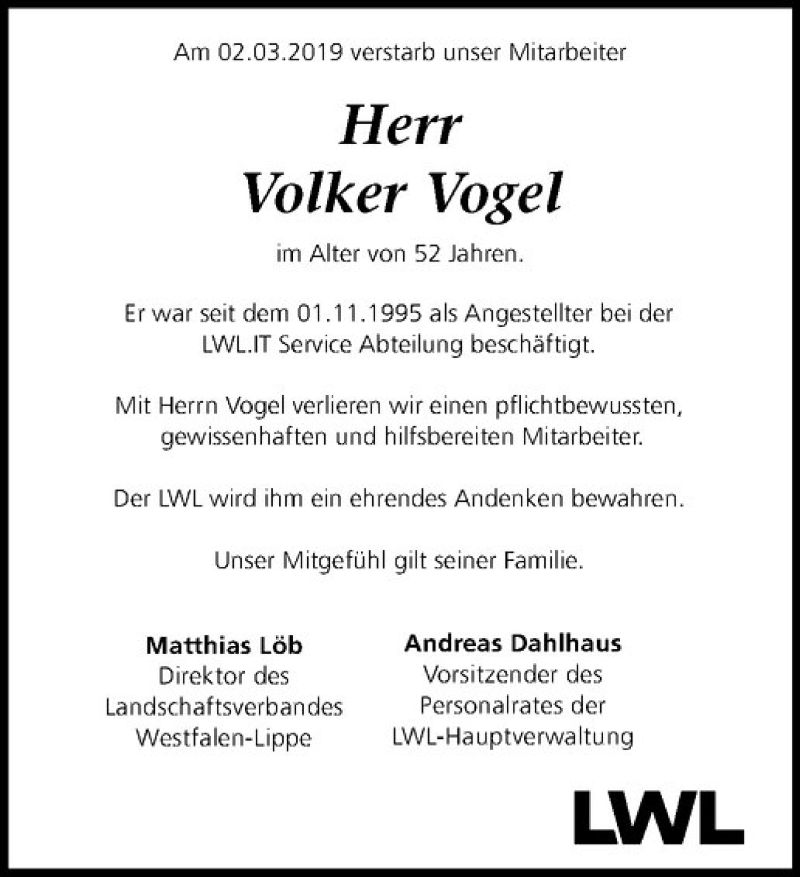  Traueranzeige für Volker Vogel vom 13.03.2019 aus Westfälische Nachrichten