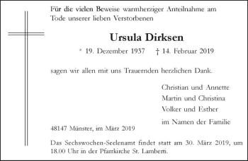 Anzeige von Ursula Dirksen von Westfälische Nachrichten