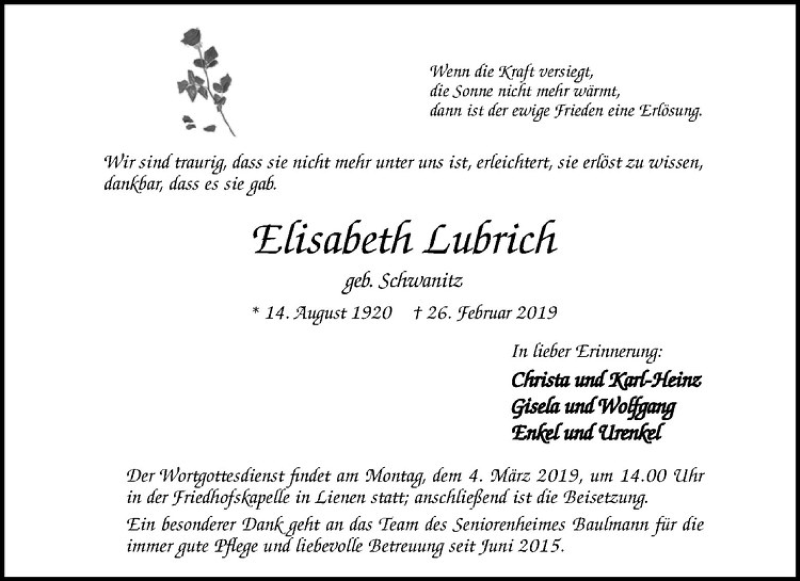  Traueranzeige für Elisabeth Lubrich vom 02.03.2019 aus Westfälische Nachrichten