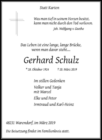Anzeige von Gerhard Schulz von Westfälische Nachrichten