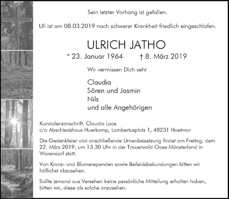  Traueranzeige für Ulrich Jatho vom 14.03.2019 aus Westfälische Nachrichten