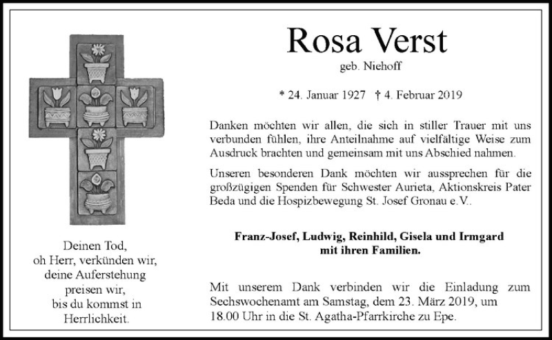  Traueranzeige für Rosa Verst vom 19.03.2019 aus Westfälische Nachrichten
