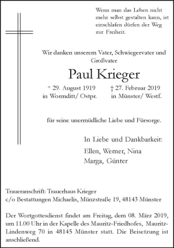 Anzeige von Paul Krieger von Westfälische Nachrichten