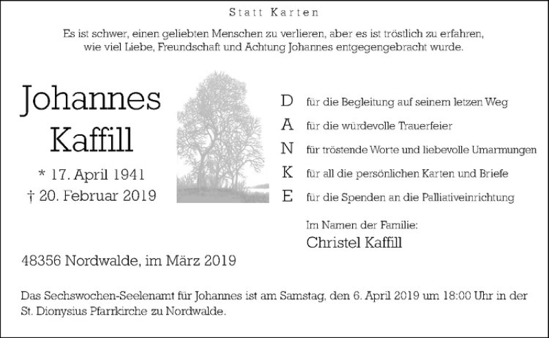  Traueranzeige für Johannes Kaffill vom 30.03.2019 aus Westfälische Nachrichten