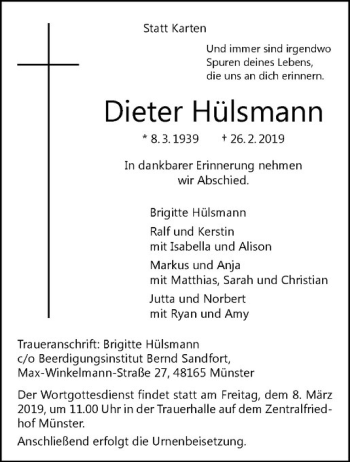 Anzeige von Dieter Hülsmann von Westfälische Nachrichten