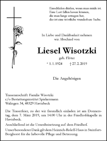 Anzeige von Liesel Wisotzki von Westfälische Nachrichten