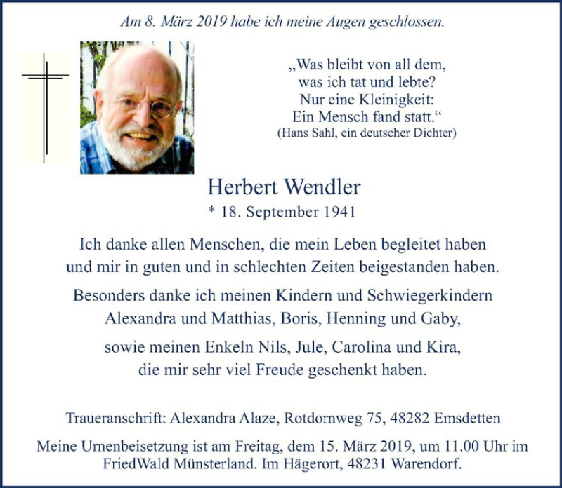  Traueranzeige für Herbert Wendler vom 14.03.2019 aus Westfälische Nachrichten