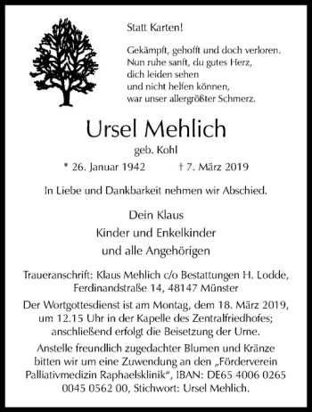 Anzeige von Ursel Mehlich von Westfälische Nachrichten