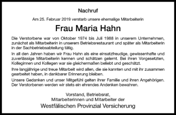 Anzeige von Maria Hahn von Westfälische Nachrichten