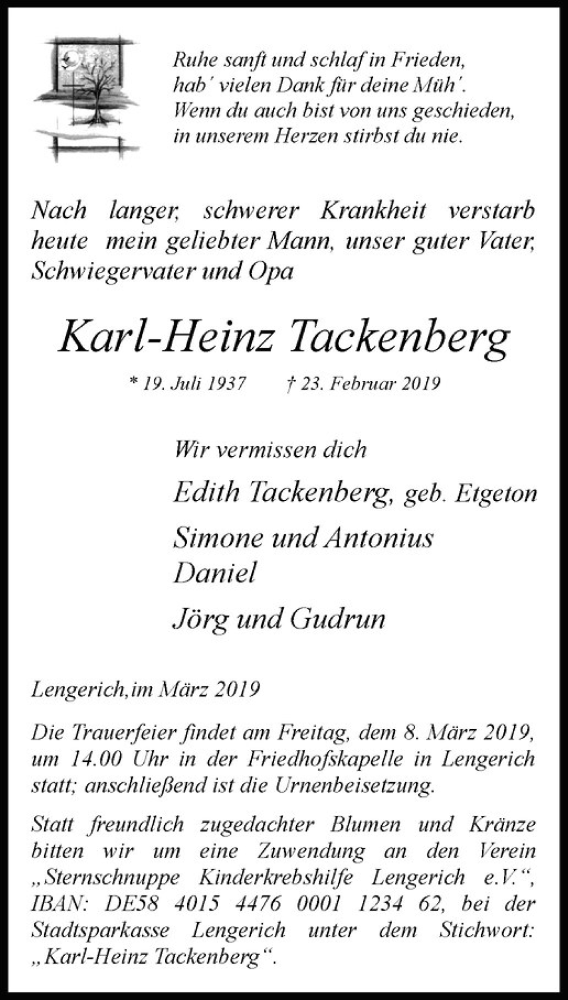  Traueranzeige für Karl-Heinz Tackenberg vom 06.03.2019 aus Westfälische Nachrichten