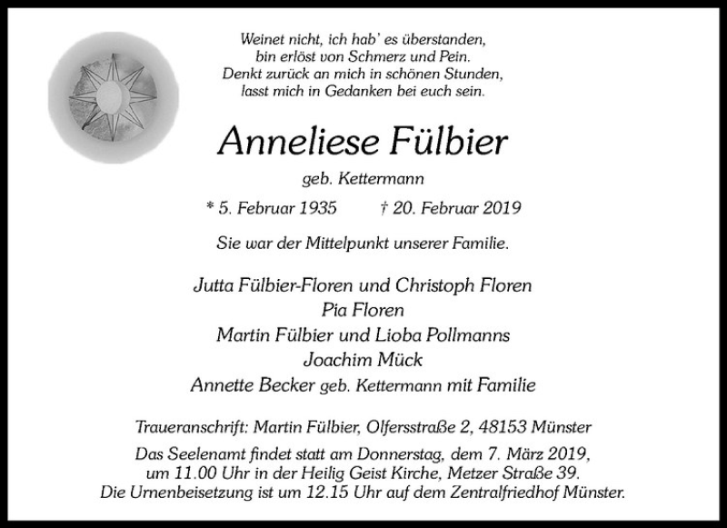 Traueranzeige für Anneliese Fülbier vom 02.03.2019 aus Westfälische Nachrichten